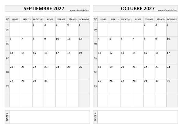 Calendario septiembre y octubre 2027 en blanco y negro para imprimir gratis, plantilla básica (PDF y JPG)