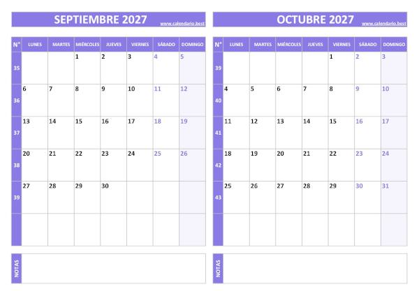 Calendario septiembre y octubre 2027 para imprimir gratis, diseño violeta elegante (PDF y JPG)