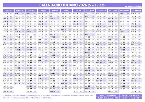 Calendario juliano 2026 en morado con días del año del 001 al 365 para imprimir