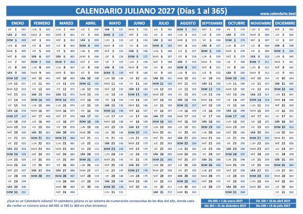 Calendario juliano 2027 con los días del año del 001 al 365