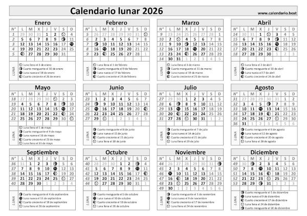 Calendario lunar 2026 en blanco y negro con fases de la Luna para imprimir