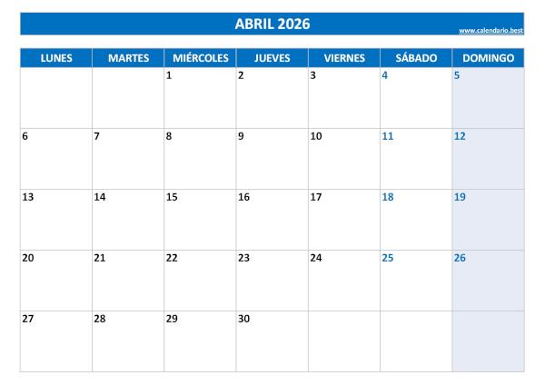 Calendario abril 2026 para imprimir (PDF y JPG)