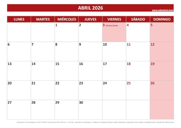 Calendario laboral abril 2026 con Semana Santa festivos España PDF rojo