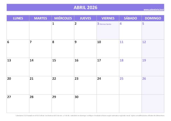 Calendario laboral abril 2026 con festivos nacionales para imprimir gratis, plantilla morada (PDF y JPG)