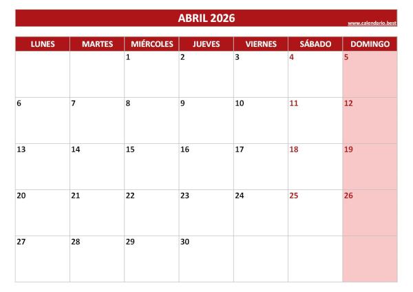 Calendario abril 2026 para imprimir y descargar gratis en PDF plantilla roja