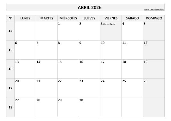Calendario abril 2026 con números de semana para imprimir gratis, plantilla en blanco y negro (PDF y JPG)