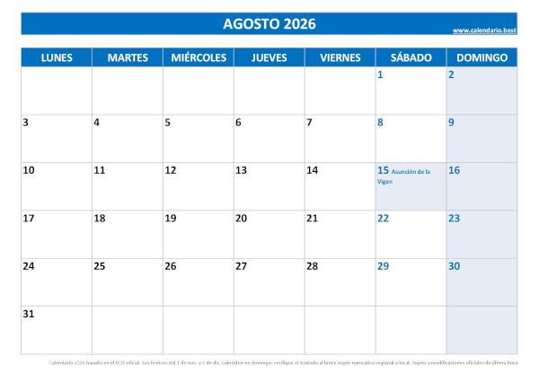 Calendario laboral agosto 2026 con festivos nacionales para imprimir gratis, plantilla azul (PDF y JPG)