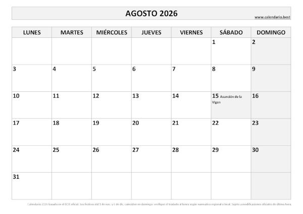 Calendario laboral agosto 2026 minimalista festivos nacionales PDF