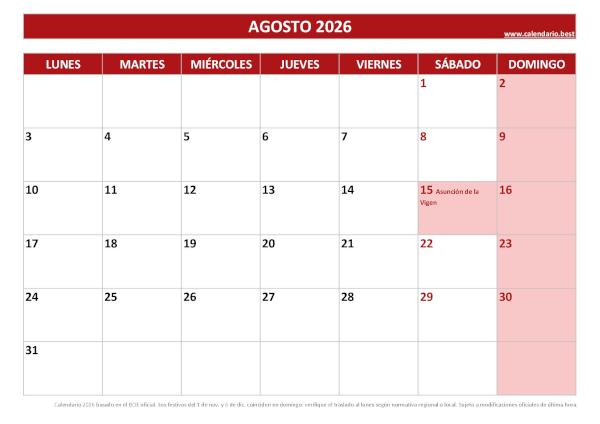 Calendario laboral agosto 2026 con festivos nacionales para imprimir gratis, plantilla roja (PDF y JPG)
