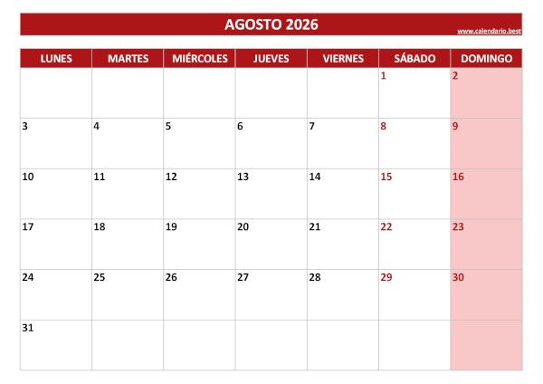 Calendario agosto 2026 para imprimir, formato mensual rojo (PDF y JPG)