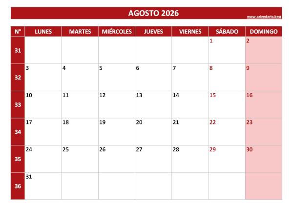 Calendario agosto 2026 con números de semana para imprimir gratis, plantilla roja (PDF y JPG)