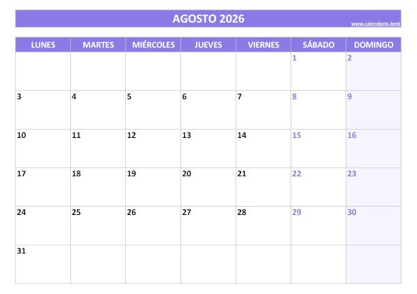 Calendario agosto 2026 para imprimir y descargar gratis en PDF plantilla morada