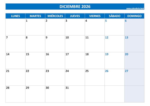 Calendario diciembre 2026 para imprimir (PDF y JPG)
