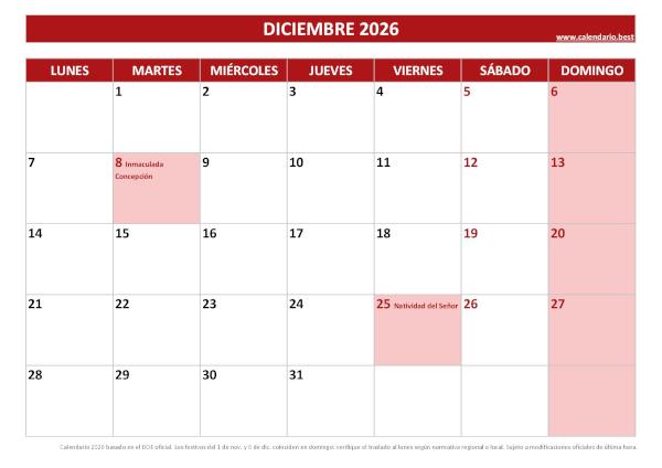 Calendario laboral diciembre 2026 con festivos nacionales para imprimir gratis, plantilla roja (PDF y JPG)