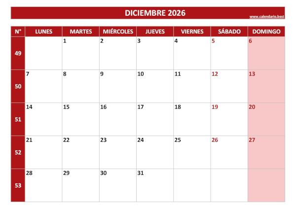 Calendario diciembre 2026 con números de semana para imprimir gratis, plantilla roja (PDF y JPG)