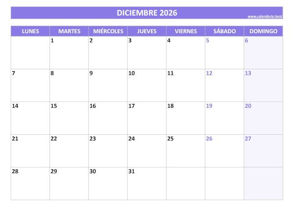 Calendario diciembre 2026 para imprimir gratis, diseño violeta elegante (PDF y JPG)