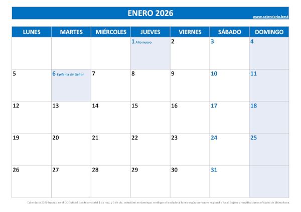 Calendario laboral enero 2026 con festivos oficiales en España PDF azul