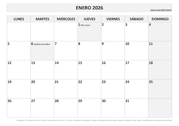 Calendario laboral enero 2026 con festivos nacionales para imprimir gratis, plantilla en blanco y negro (PDF y JPG)
