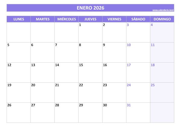 Calendario enero 2026 para imprimir gratis, diseño violeta elegante (PDF y JPG)