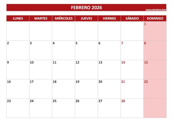 Calendario febrero 2026 para imprimir en blanco, plantilla roja (PDF y JPG)