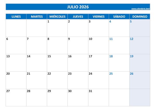 Calendario de julio de 2026 en blanco para imprimir