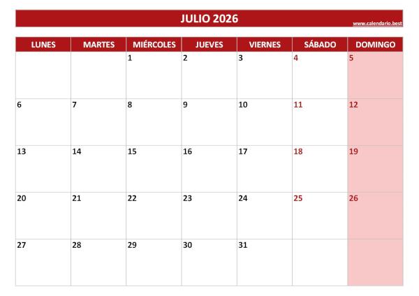 Plantilla calendario Julio 2026 para imprimir