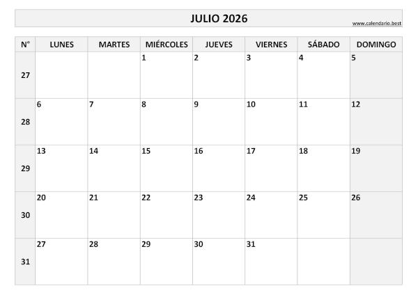 Calendario de julio 2026 con números de semana para imprimir gratis, plantilla en blanco y negro en PDF y JPG