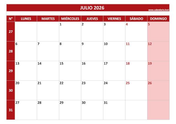 Calendario mensual 2026 clásico con el número de semana destacado a la izquierda