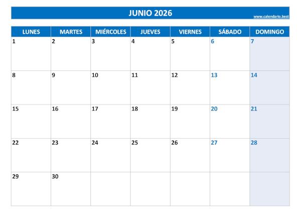 Calendario de junio de 2026 en blanco para imprimir