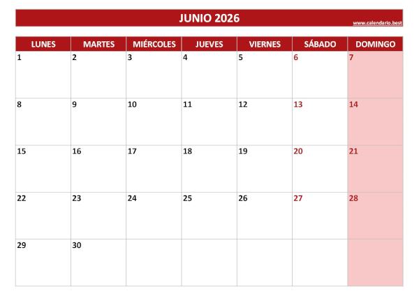 Calendario de junio de 2026 en blanco para imprimir