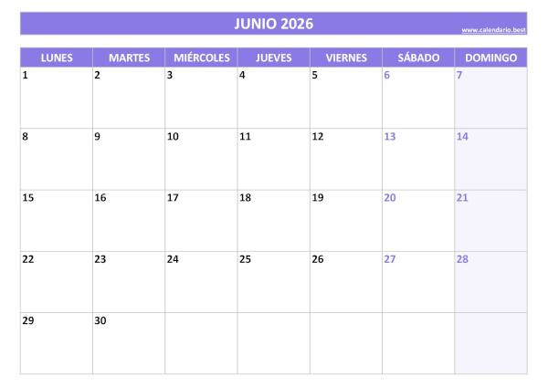 Calendario junio 2026 para imprimir gratis, diseño violeta elegante (PDF y JPG)