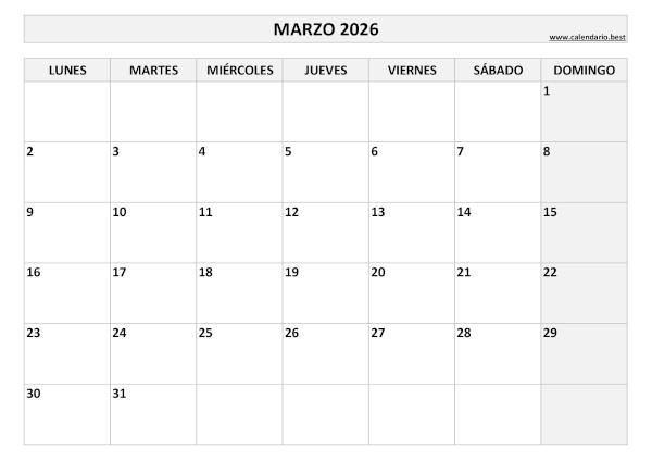 Calendario marzo 2026 en blanco y negro para imprimir gratis, plantilla básica (PDF y JPG)