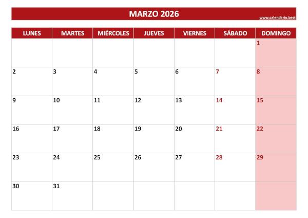 Calendario marzo 2026 para imprimir en blanco, plantilla roja (PDF y JPG)