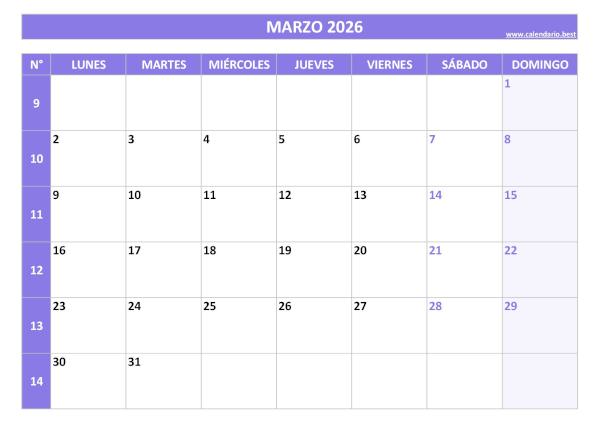 Calendario marzo 2026 con números de semana para imprimir gratis, plantilla morada (PDF y JPG)