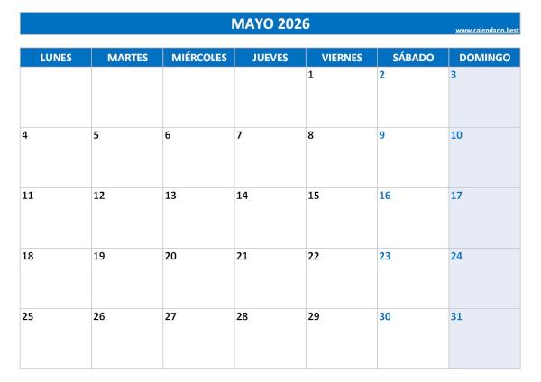 Calendario de mayo de 2026 en blanco para imprimir