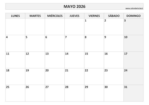 Calendario mayo 2026 en blanco y negro para imprimir gratis, plantilla básica (PDF y JPG)