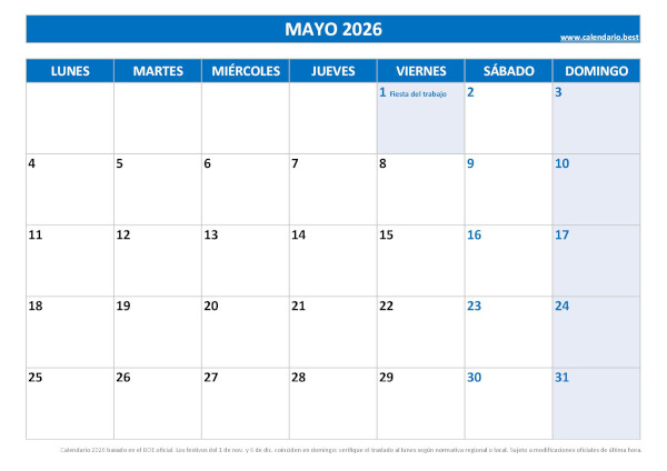 Calendario laboral mayo 2026 con festivos nacionales para imprimir gratis, plantilla azul (PDF y JPG)