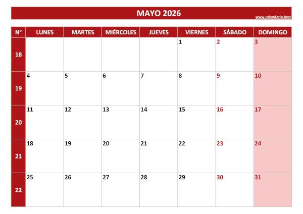 Mayo 2026 planificador con números de semanas PDF imprimir