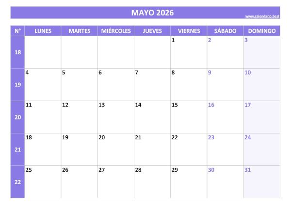 Calendario mayo 2026 con números de semana para imprimir gratis, plantilla morada (PDF y JPG)