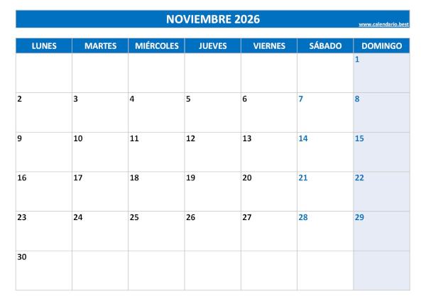 Calendario noviembre 2026 para imprimir (PDF y JPG)