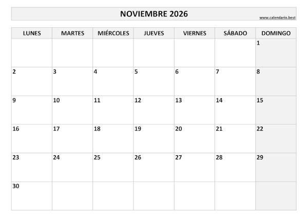 Calendario noviembre 2026 para imprimir y descargar gratis en PDF blanco y negro