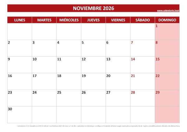 Calendario laboral noviembre 2026 festivos España en PDF rojo