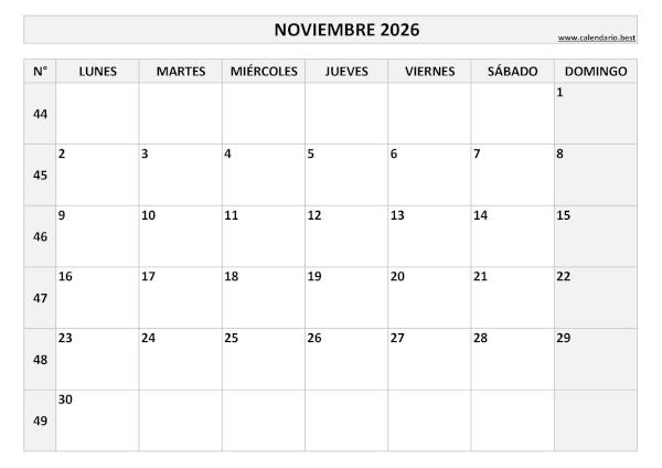 Noviembre 2026 calendario blanco y negro descargar con semanas PDF