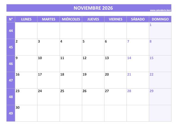 Calendario noviembre 2026 con números de semana para imprimir gratis, plantilla morada (PDF y JPG)