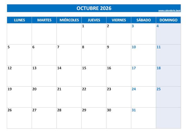 Calendario de octubre de 2026 en blanco para imprimir