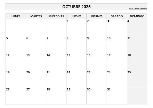 Calendario octubre 2026 en blanco y negro para imprimir gratis, plantilla básica (PDF y JPG)