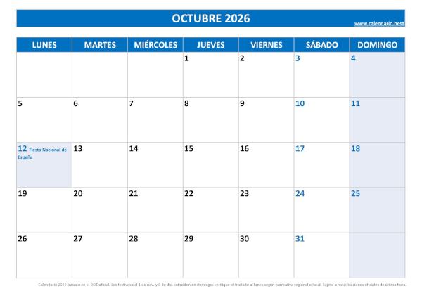 Calendario laboral octubre 2026 con festivo 12 de octubre España PDF azul