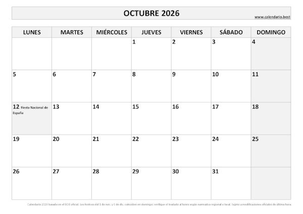 Calendario laboral octubre 2026 con festivos nacionales para imprimir gratis, plantilla en blanco y negro (PDF y JPG)