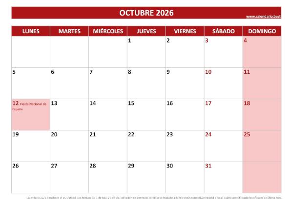 Calendario laboral octubre 2026 con festivos nacionales para imprimir gratis, plantilla roja (PDF y JPG)