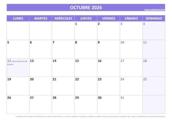 Calendario laboral octubre 2026 con festivos nacionales para imprimir gratis, plantilla morada (PDF y JPG)